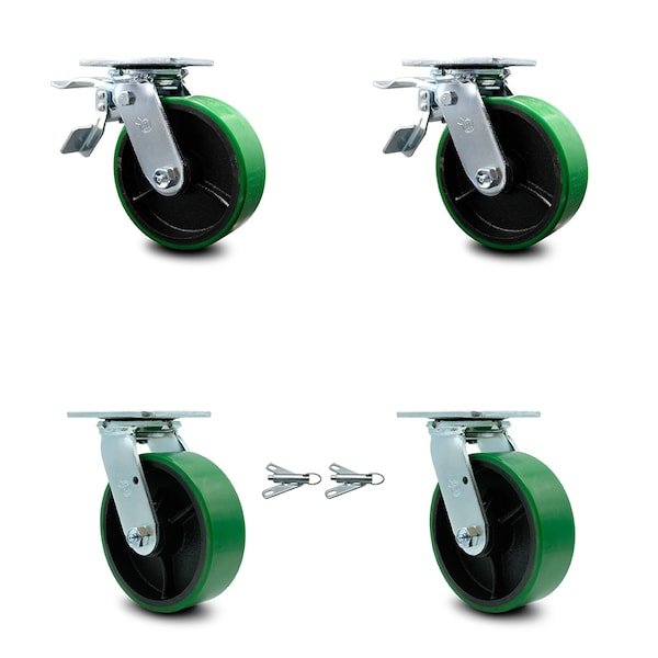 6 Inch Green Poly on Steel Caster Set with Ball Bearings 2 Brakes 2 Swivel Locks